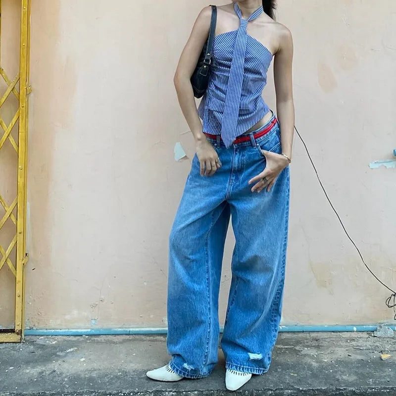 Chic Backless Button Asymmetrical Striped Halter Crop Tops Mssza