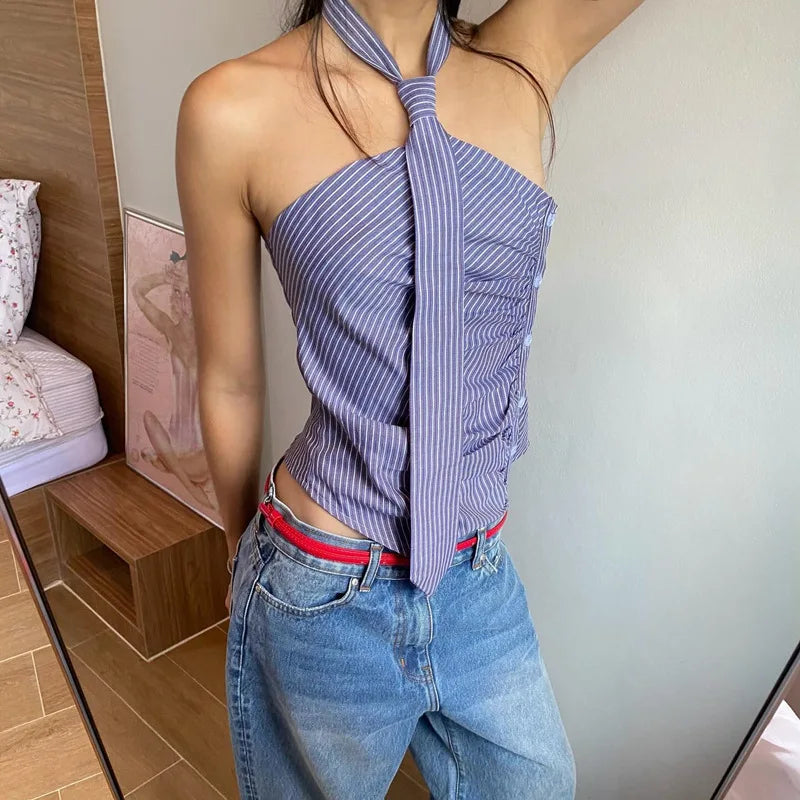 Chic Backless Button Asymmetrical Striped Halter Crop Tops Mssza