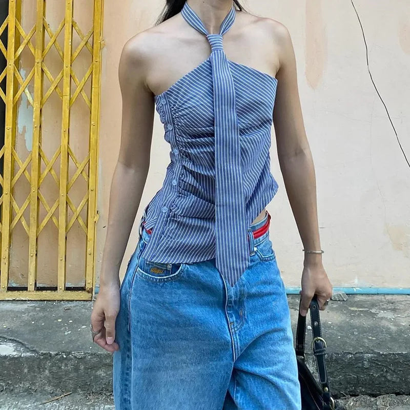 Chic Backless Button Asymmetrical Striped Halter Crop Tops Mssza