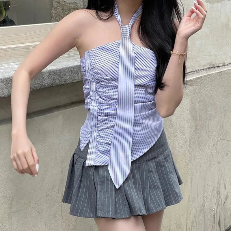 Chic Backless Button Asymmetrical Striped Halter Crop Tops Mssza