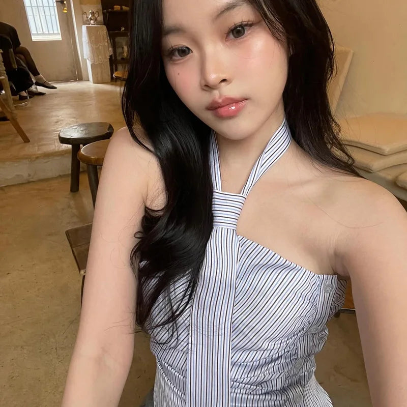 Chic Backless Button Asymmetrical Striped Halter Crop Tops Mssza