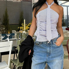 Chic Backless Button Asymmetrical Striped Halter Crop Tops Mssza