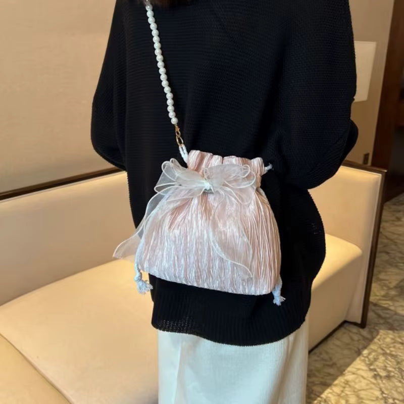 Chic Bowknot Canvas with Faux Pearl Chain Versatile Stylish Bucket Shoulder Purse Mssza