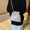 Chic Bowknot Canvas with Faux Pearl Chain Versatile Stylish Bucket Shoulder Purse Mssza