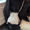 Chic Bowknot Canvas with Faux Pearl Chain Versatile Stylish Bucket Shoulder Purse Mssza