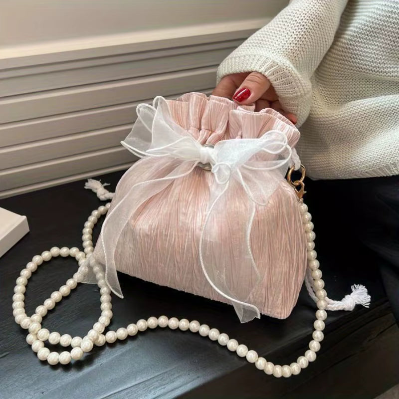 Chic Bowknot Canvas with Faux Pearl Chain Versatile Stylish Bucket Shoulder Purse Mssza