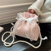 Chic Bowknot Canvas with Faux Pearl Chain Versatile Stylish Bucket Shoulder Purse Mssza