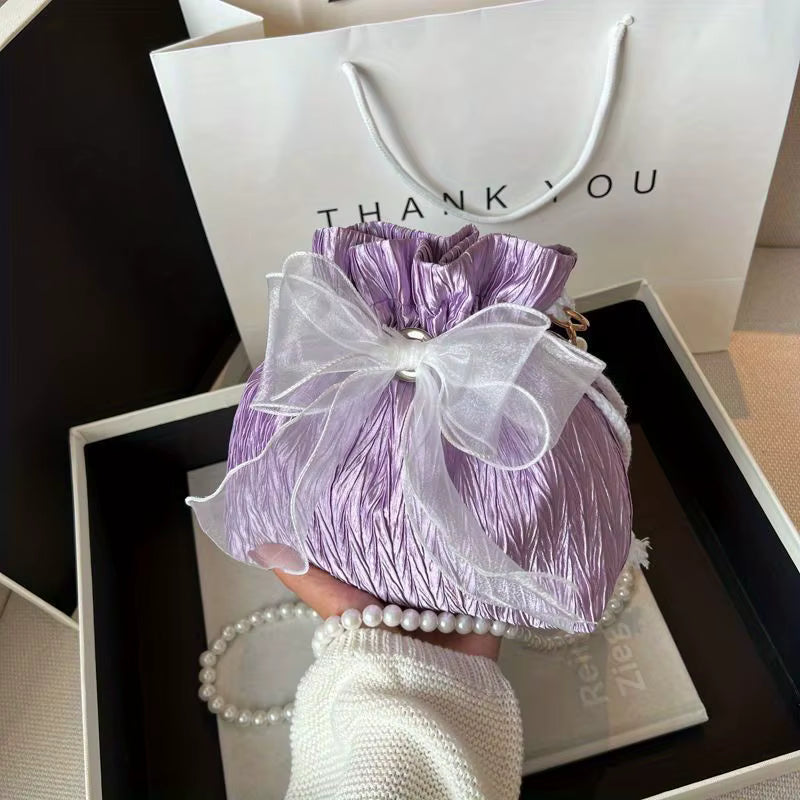 Chic Bowknot Canvas with Faux Pearl Chain Versatile Stylish Bucket Shoulder Purse Mssza