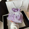 Chic Bowknot Canvas with Faux Pearl Chain Versatile Stylish Bucket Shoulder Purse Mssza