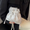 Chic Bowknot Canvas with Faux Pearl Chain Versatile Stylish Bucket Shoulder Purse Mssza