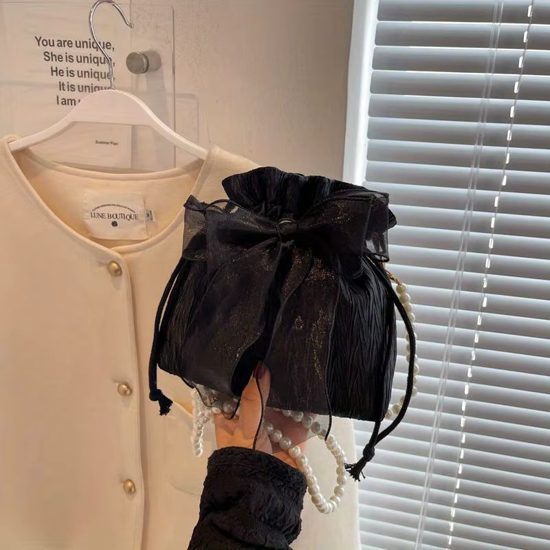 Chic Bowknot Canvas with Faux Pearl Chain Versatile Stylish Bucket Shoulder Purse Mssza