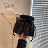 Chic Bowknot Canvas with Faux Pearl Chain Versatile Stylish Bucket Shoulder Purse Mssza