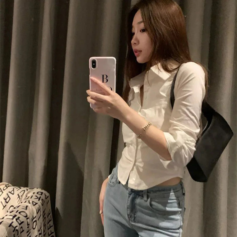 Chic Button Up Long Sleeve Skinny Short Shirt Blouse Mssza
