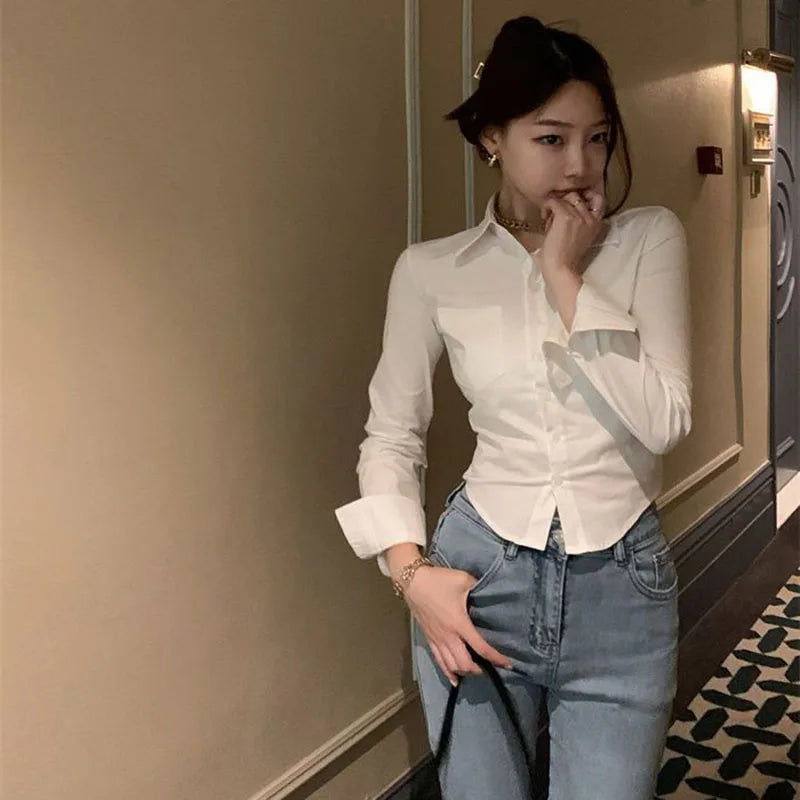 Chic Button Up Long Sleeve Skinny Short Shirt Blouse Mssza