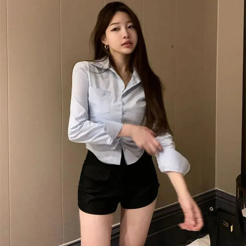 Chic Button Up Long Sleeve Skinny Short Shirt Blouse Mssza