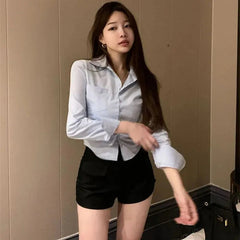Chic Button Up Long Sleeve Skinny Short Shirt Blouse Mssza