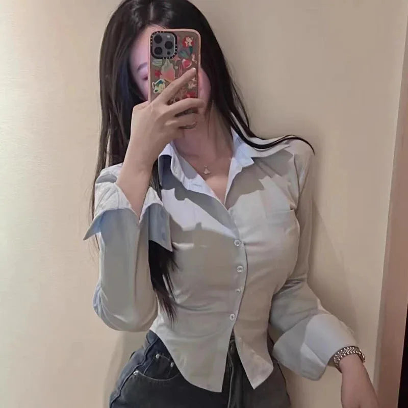 Chic Button Up Long Sleeve Skinny Short Shirt Blouse Mssza