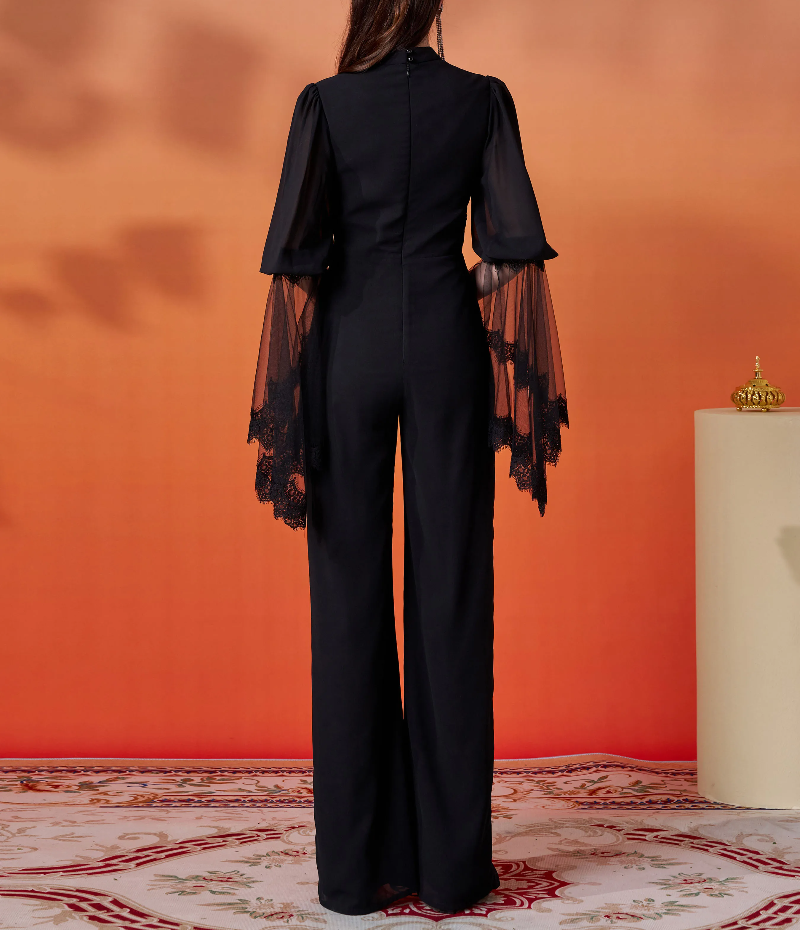 Chic Elegant Cutout Mesh Flare Sleeve Banquet Party Perform Jumpsuit Mssza