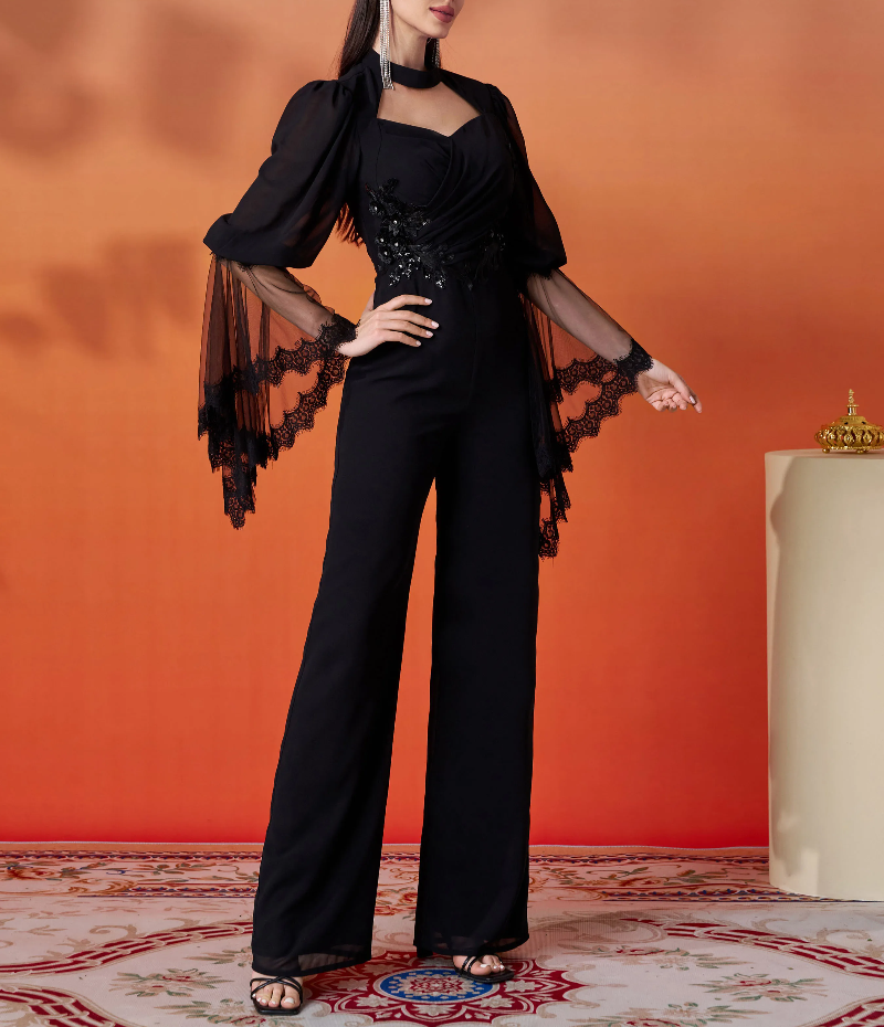 Chic Elegant Cutout Mesh Flare Sleeve Banquet Party Perform Jumpsuit Mssza