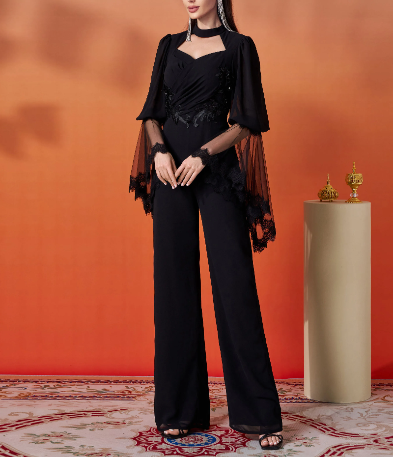 Chic Elegant Cutout Mesh Flare Sleeve Banquet Party Perform Jumpsuit Mssza