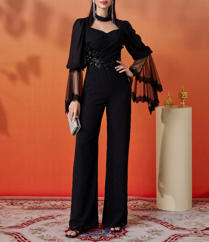 Chic Elegant Cutout Mesh Flare Sleeve Banquet Party Perform Jumpsuit Mssza