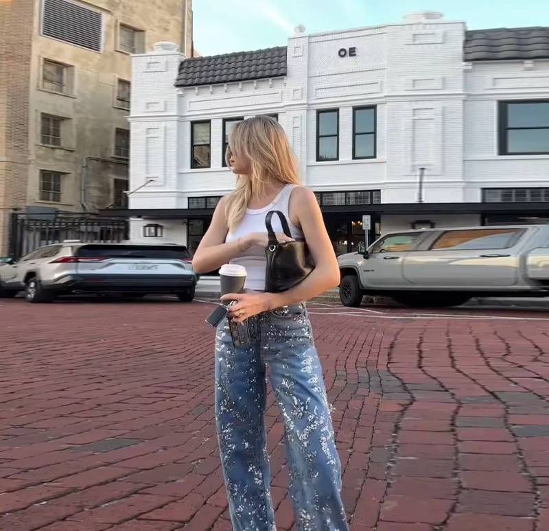 Chic High Waist Street Shinny Straight Zipper Loose Flare Denim Pants Mssza