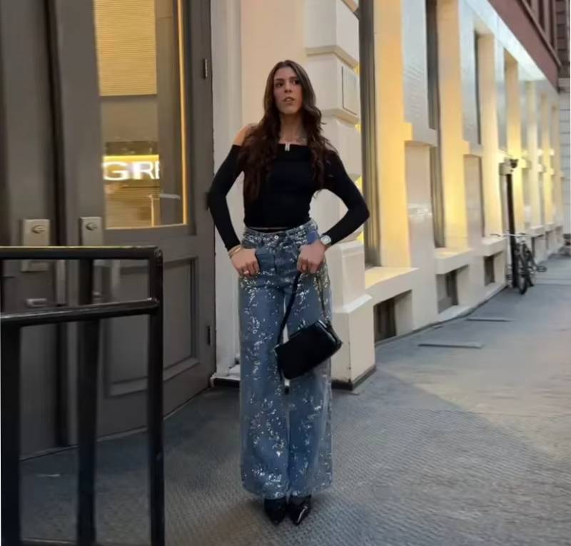 Chic Sequins Multiple Pockets High Waist Button Jean Streetwear Mssza