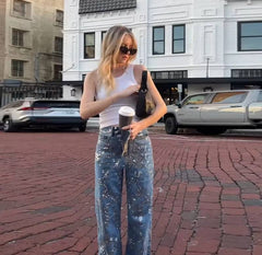 Chic High Waist Street Shinny Straight Zipper Loose Flare Denim Pants Mssza