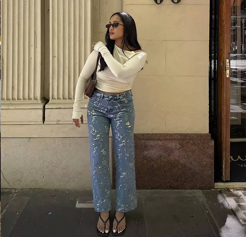 Chic High Waist Street Shinny Straight Zipper Loose Flare Denim Pants Mssza