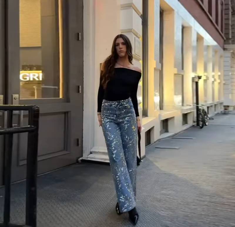 Chic High Waist Street Shinny Straight Zipper Loose Flare Denim Pants Mssza