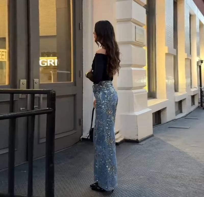 Chic High Waist Street Shinny Straight Zipper Loose Flare Denim Pants Mssza