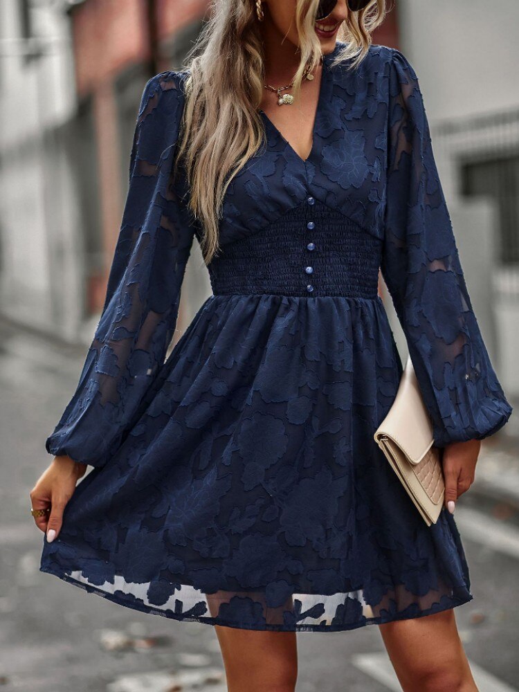 Chic Hook Flower Hollow Button Full Sleeve Mini Dress Mssaz Desses