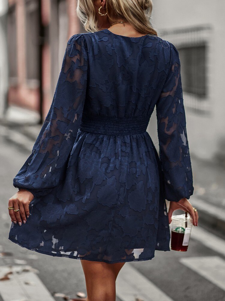 Chic Hook Flower Hollow Button Full Sleeve Mini Dress Mssaz Desses