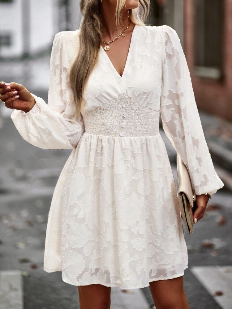 Chic Hook Flower Hollow Button Full Sleeve Mini Dress Mssaz Desses