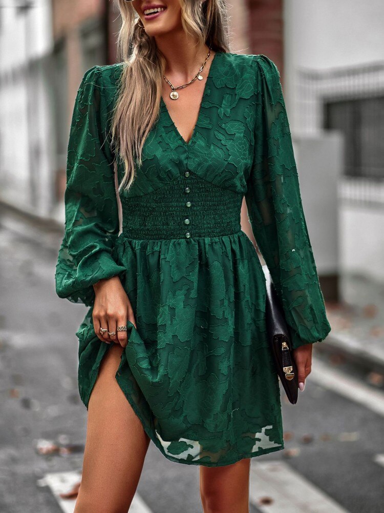 Chic Hook Flower Hollow Button Full Sleeve Mini Dress Mssaz Desses