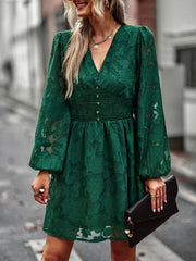 Chic Hook Flower Hollow Button Full Sleeve Mini Dress Mssaz Desses