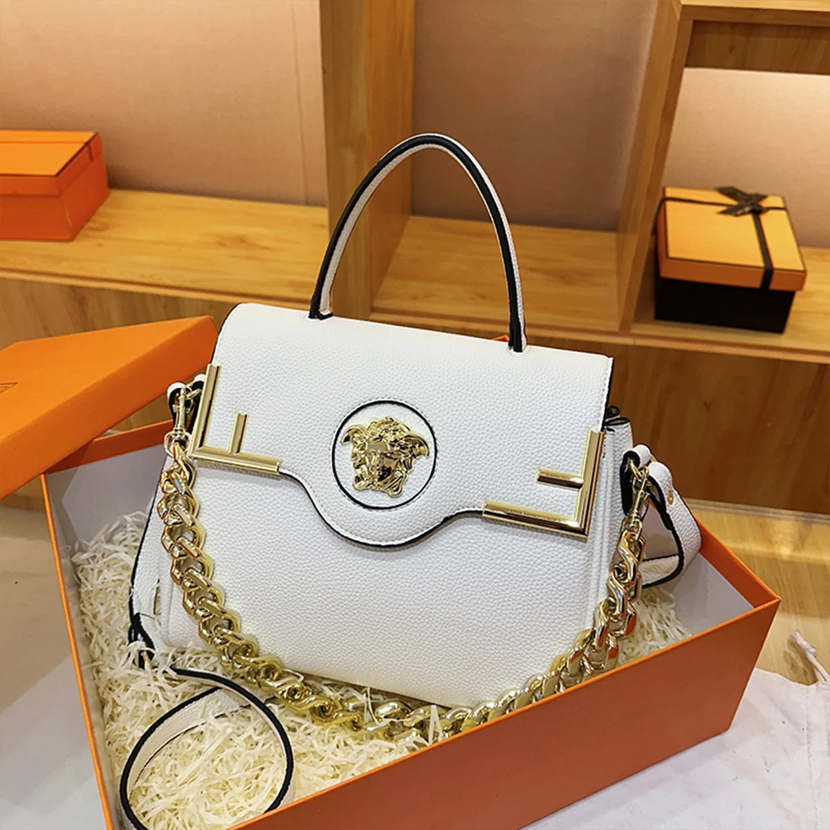 Casual Chic Leather-Texture PU Large Capacity Flap Magnetic Chain Adjustable Strap Crossbody Bag Mssza