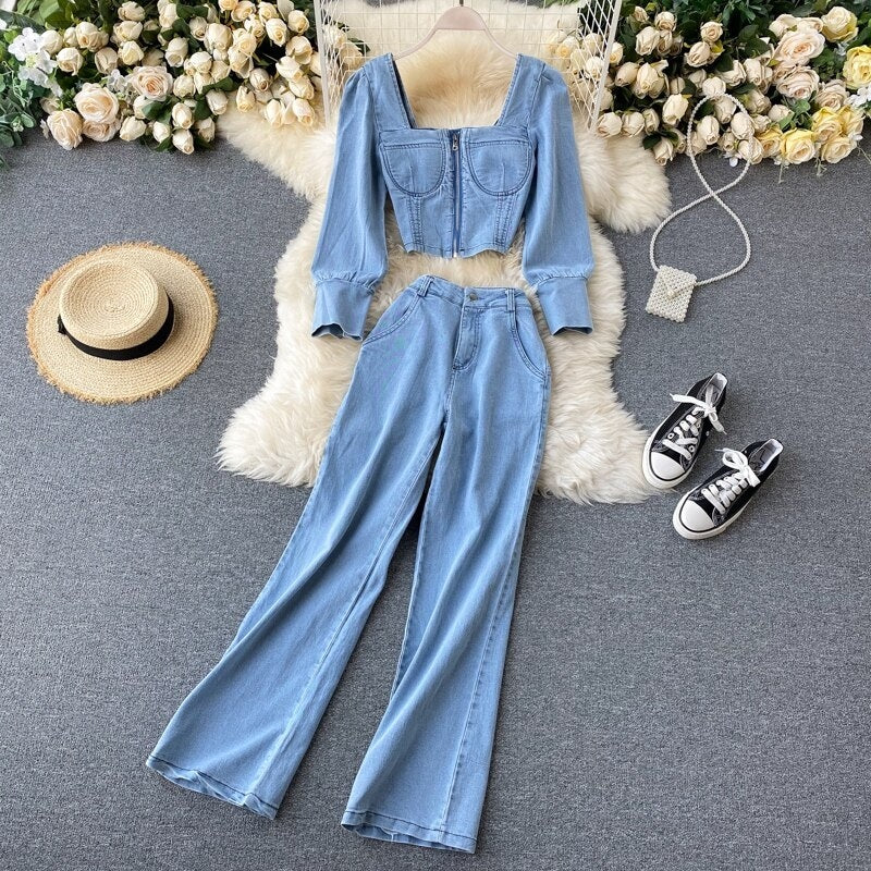 Chic Long Sleeve Zipper Tops+High Waist Wide Leg Long Pants Two Pieces Set Mssza