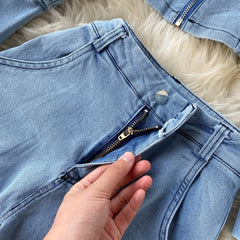 Chic Long Sleeve Zipper Tops+High Waist Wide Leg Long Pants Two Pieces Set Mssza