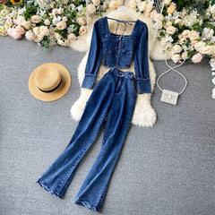 Chic Long Sleeve Zipper Tops+High Waist Wide Leg Long Pants Two Pieces Set Mssza