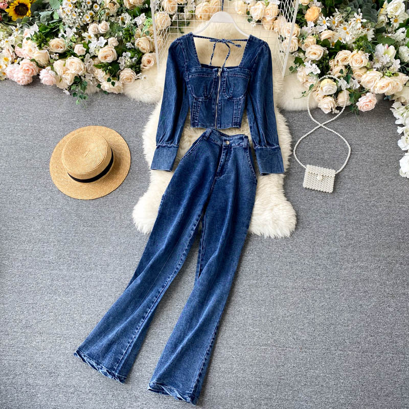 Chic Long Sleeve Zipper Tops+High Waist Wide Leg Long Pants Two Pieces Set Mssza