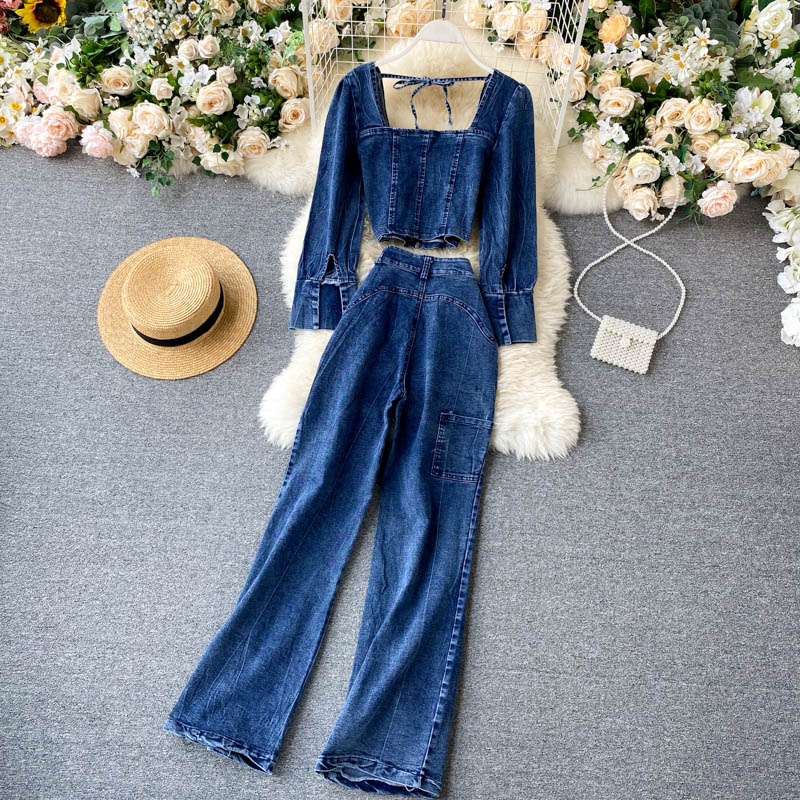 Chic Long Sleeve Zipper Tops+High Waist Wide Leg Long Pants Two Pieces Set Mssza