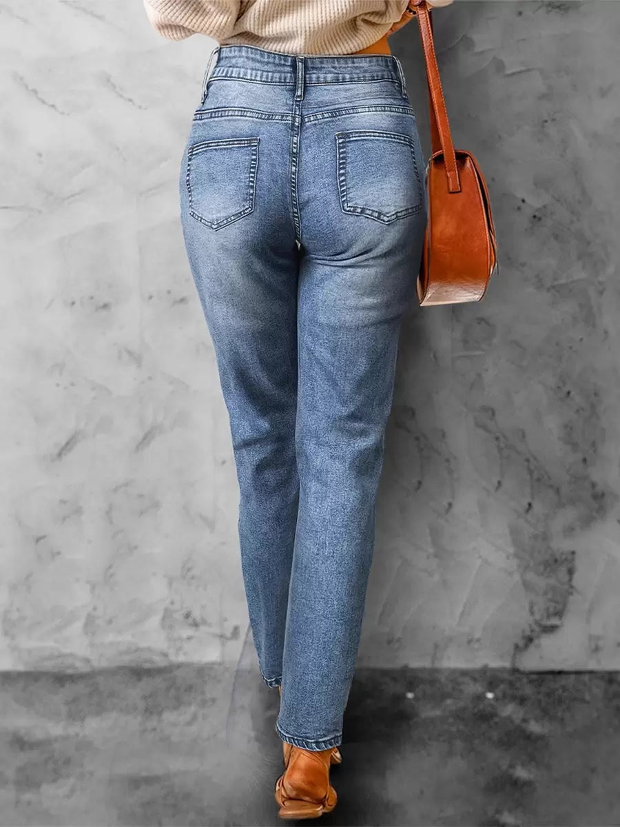 Chic Natural Waist Christmas Pattern Distressed Ankle Length Jeans Mssza