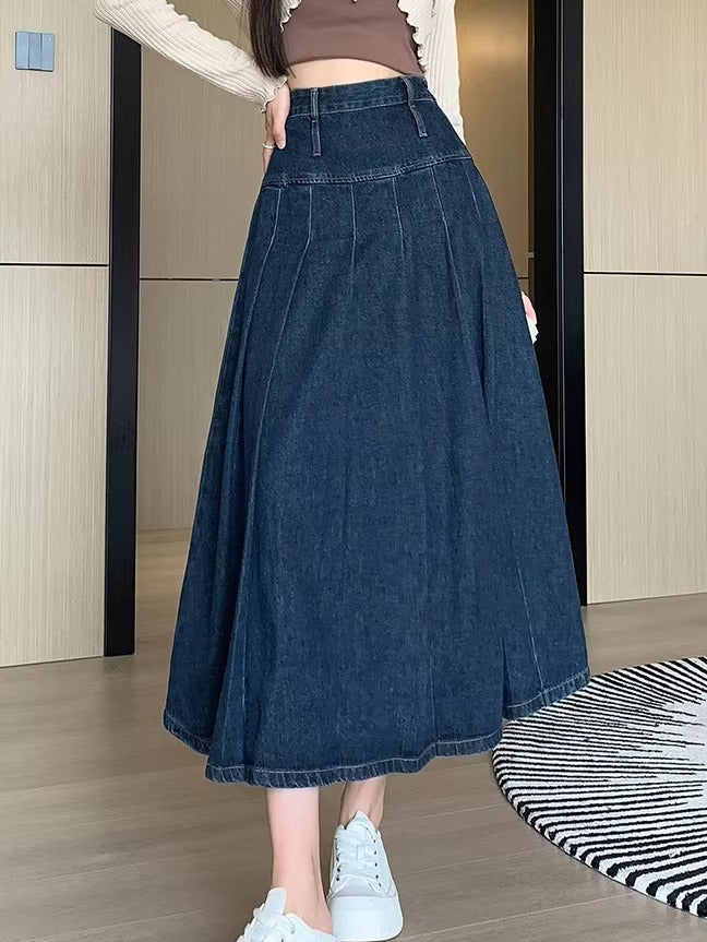 Chic Pleated High Waist Long Washing Straight Loose Denim Midi Skirts Mssza