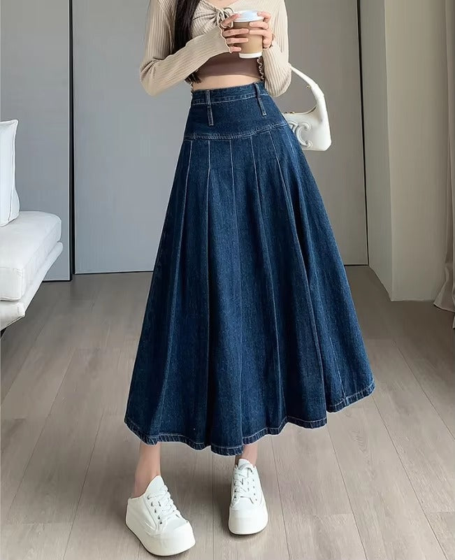 Chic Pleated High Waist Long Washing Straight Loose Denim Midi Skirts Mssza