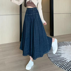 Chic Pleated High Waist Long Washing Straight Loose Denim Midi Skirts Mssza