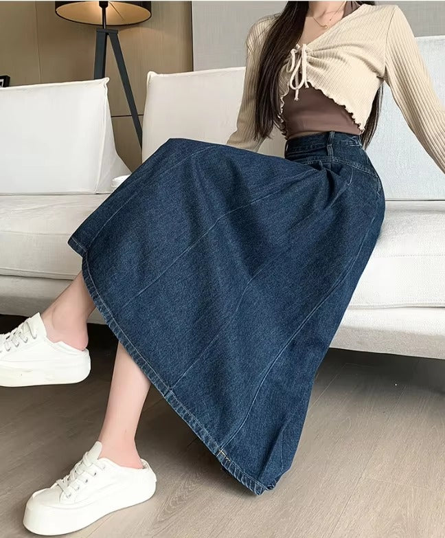 Chic Pleated High Waist Long Washing Straight Loose Denim Midi Skirts Mssza