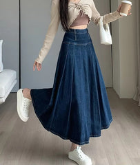Chic Pleated High Waist Long Washing Straight Loose Denim Midi Skirts Mssza
