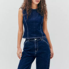 Chic Round Neck Sleeveless Countryside Going Out Denim Vest Tank Top Mssza