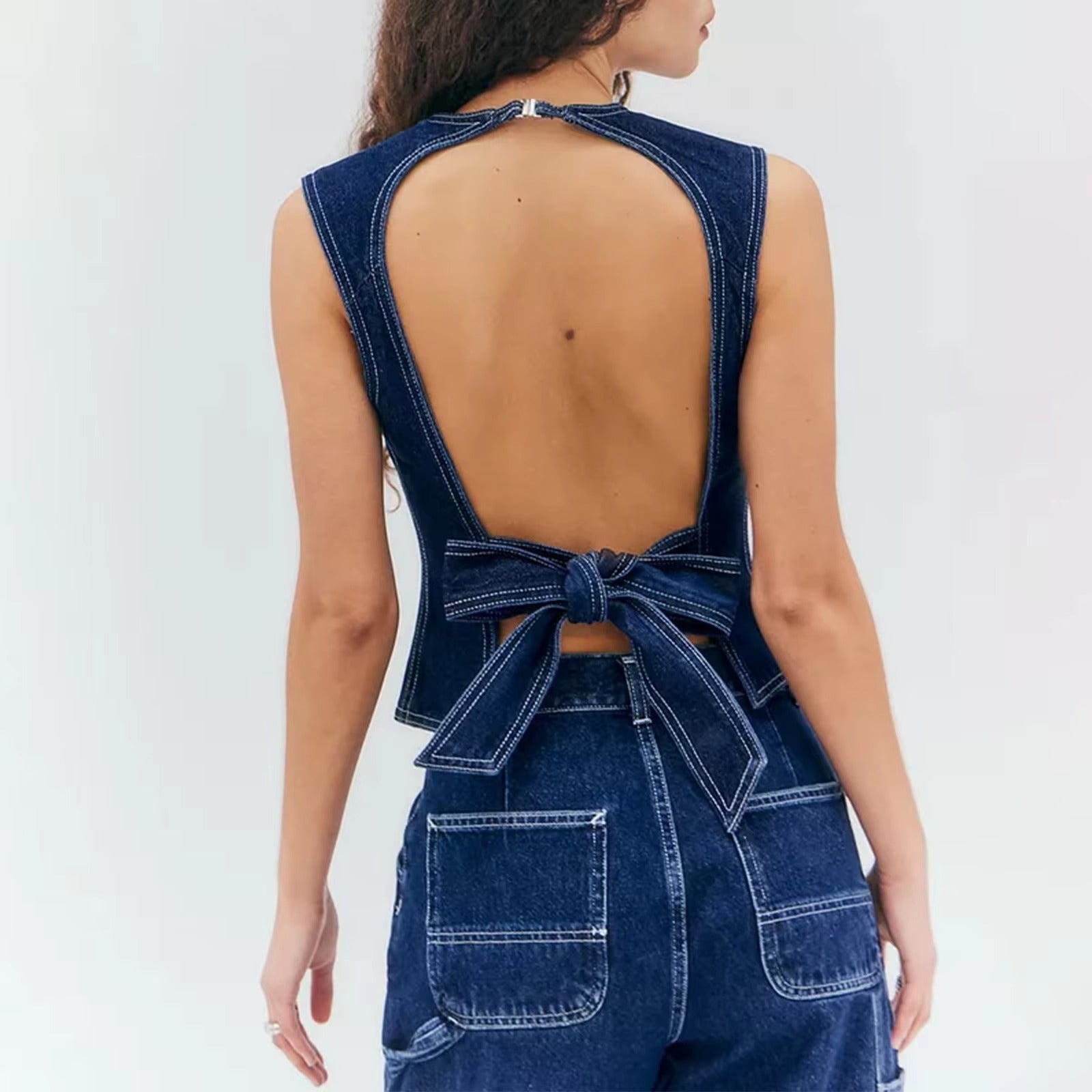 Chic Round Neck Sleeveless Countryside Going Out Denim Vest Tank Top Mssza